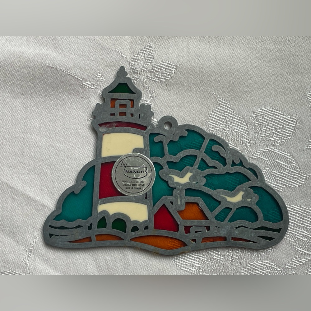 Vintage Stained Glass Lighthouse Suncatcher Ornament Coastal Beach Seagulls - Picture 3 of 6